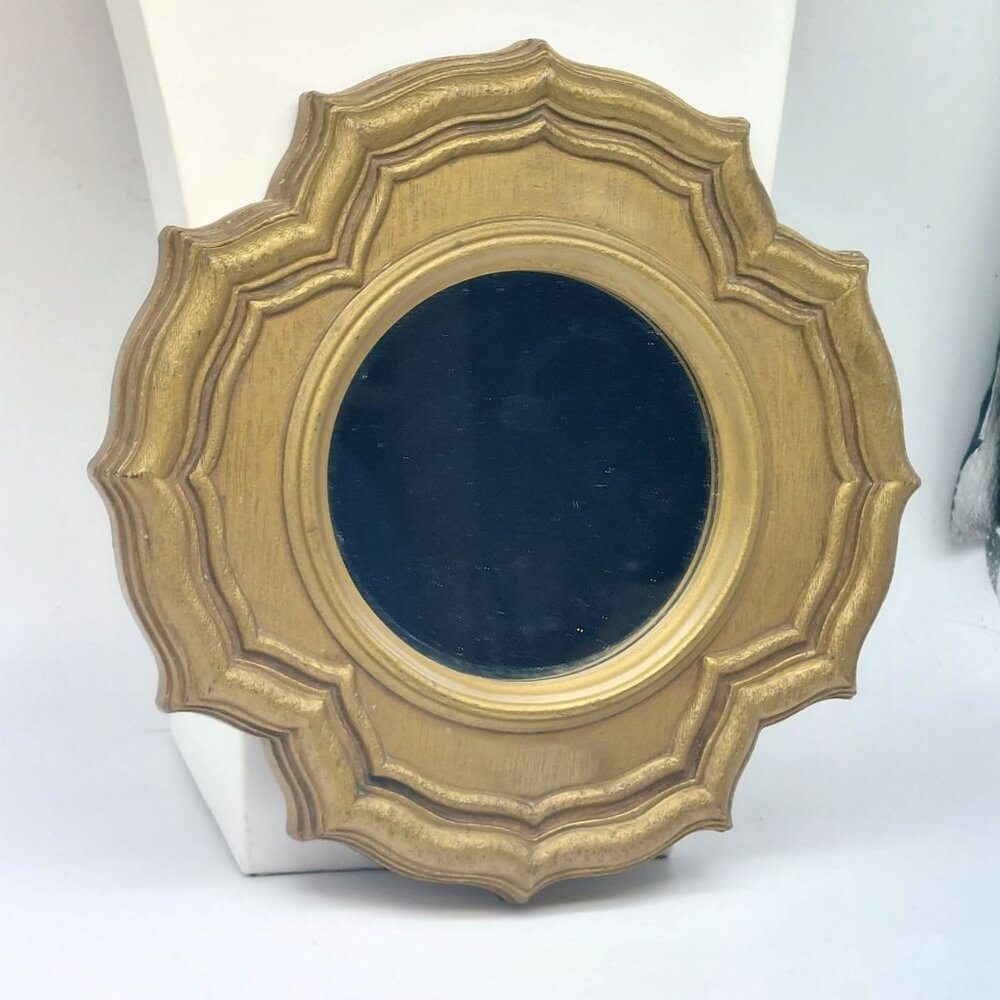 Vintage Hollywood Regency Ornate Gold Plastic Wall Mirror Florentine Style 9.25”